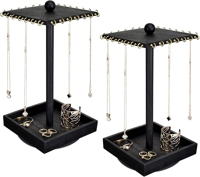 Ikee Design 2 Pcs Set Wooden Rotating Jewelry Display Stand Tower for Shows,Jewelry Organizer for Necklace and Bracelet, Rotating Necklace and Bracelet Holder Organizer, Black Color