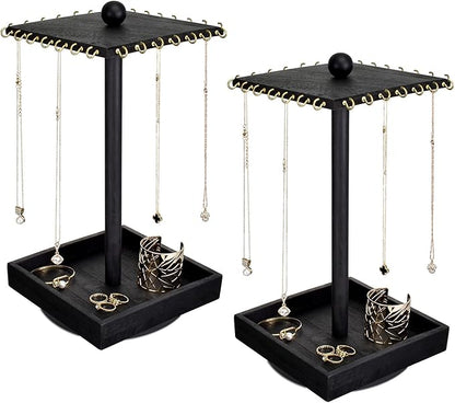 Ikee Design 2 Pcs Set Wooden Rotating Jewelry Display Stand Tower for Shows,Jewelry Organizer for Necklace and Bracelet, Rotating Necklace and Bracelet Holder Organizer, Black Color