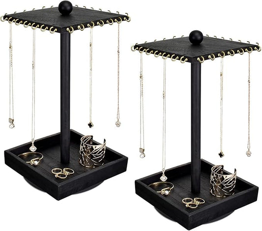 Ikee Design 2 Pcs Set Wooden Rotating Jewelry Display Stand Tower for Shows,Jewelry Organizer for Necklace and Bracelet, Rotating Necklace and Bracelet Holder Organizer, Black Color