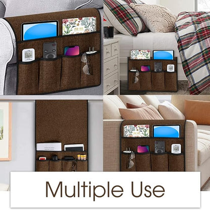 Joywell Recliner Organizer with 6 Pockets Armchair Caddy Remote Control Holder for Couch Armrest Organiser Non Slip Sofa Arm Chair Caddie Storage for Magazine, Tablet, Phone, iPad, Brown