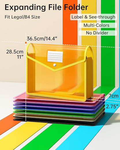 XingDuing 7 Pack Plastic Expanding File Folder, Transparent envelopes with Snap Closure, No Dividers, Large Capacity, Fit Legal/B4 Size for School, Office, Home, Hospital, 7 Colors