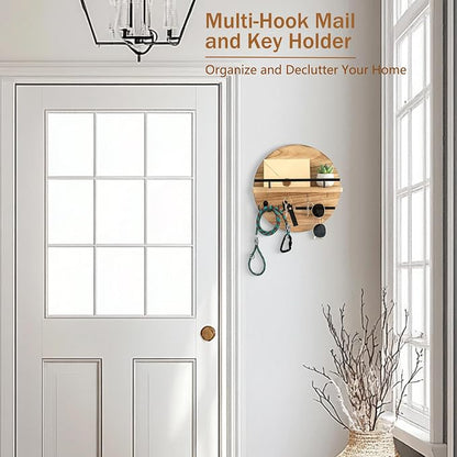 dreampossible Key Holder for Wall Decorative with Shelf and Hooks, Mail Organizer Wall Mount with Sunglasses Holder, Circular Design Entryway Key Rack Hanger, Rustic Home Decor