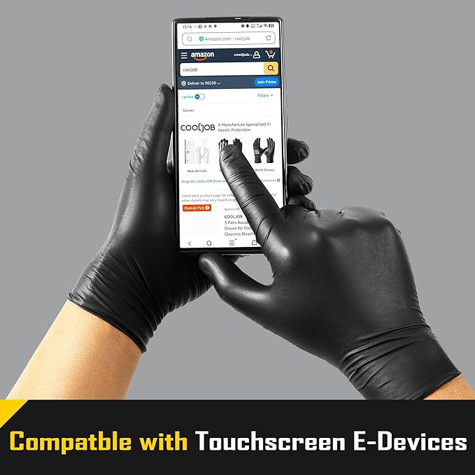 COOLJOB 5 Mil Black Disposable Nitrile Gloves for Men, Heavy-Duty for Household Cleaning, Cooking, Working, Powder Free, S-XL