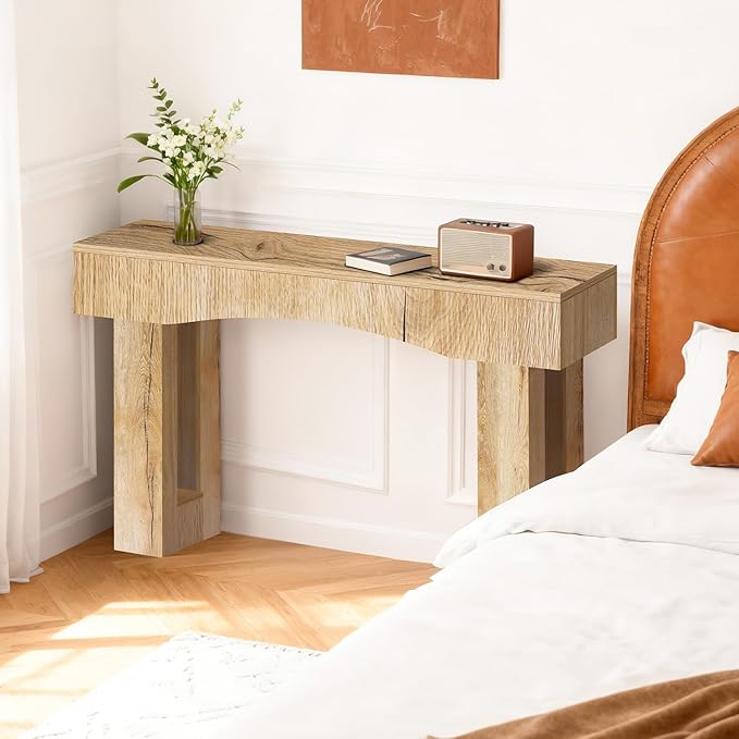 63 Inch Long Entryway Table Hollow, Wooden Console Table with Socket Farmhouse Sofa Table for Entrance, Hallway, Living Room,Behind Couch(Natural Brown)