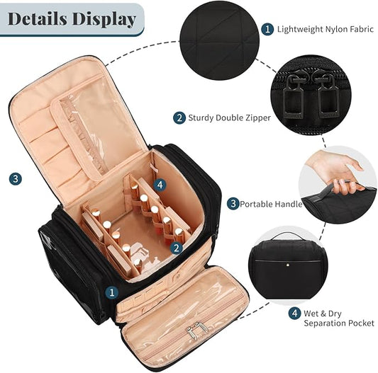 Large Makeup Bag with Jewelry Organizer, Travel Toiletry Bag for Women Girls with Makeup Brush Compartment & Two Side Pockets - XL Black