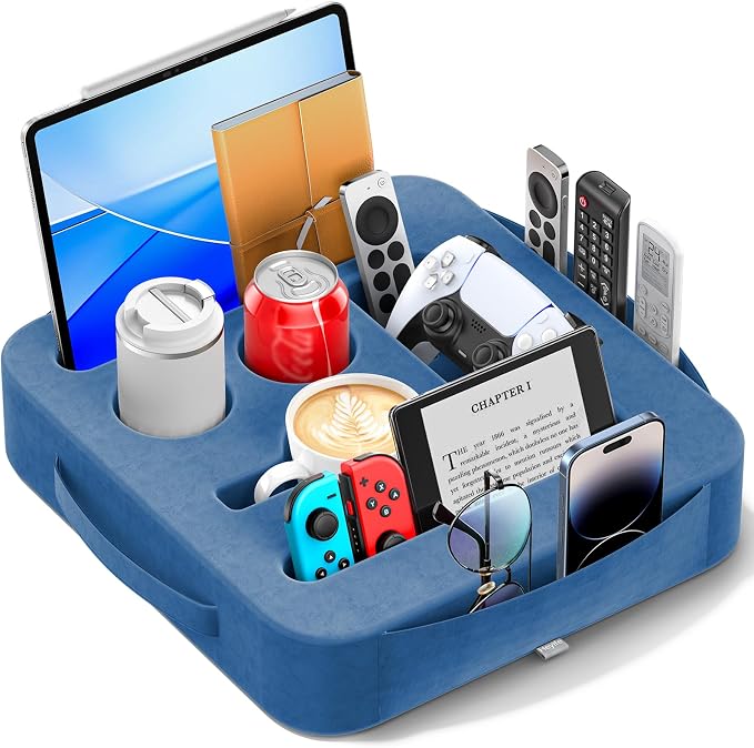 Couch Cup Holder Tray, Couch Caddy for Drink, Snack, Phone, Remote, Ipad, Game Controller, Large-size Sofa Cup Holder for Bed, Sofa, Car, Desk, Blue
