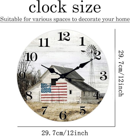 XFM Farmhouse Wall Clock 12 Inch Silent Non-Ticking Battery Operated Rustic Barn Wooden Clocks Country Round Clock for Kitchen Bedroom Living Room