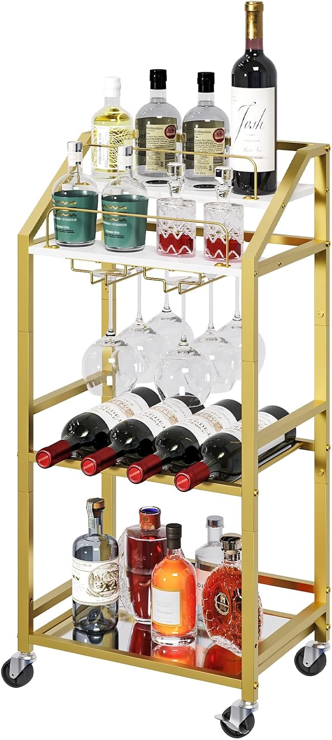 Bar Cart with Mirrored Shelf, Serving Cart for Home, Drink Cart with Wine Rack, Rolling Kitchen Cart with Wheels, Glass Holder, for Kitchen, Dining Room, Gold and White RCJW67M01