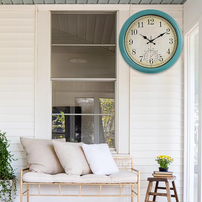 16 Inch Large Outdoor Clock, Waterproof Wall Clock with Thermometer, Battery Operated Silent Non-Ticking Vintage Wall Clock Quartz Round Clock Home Decor,Green