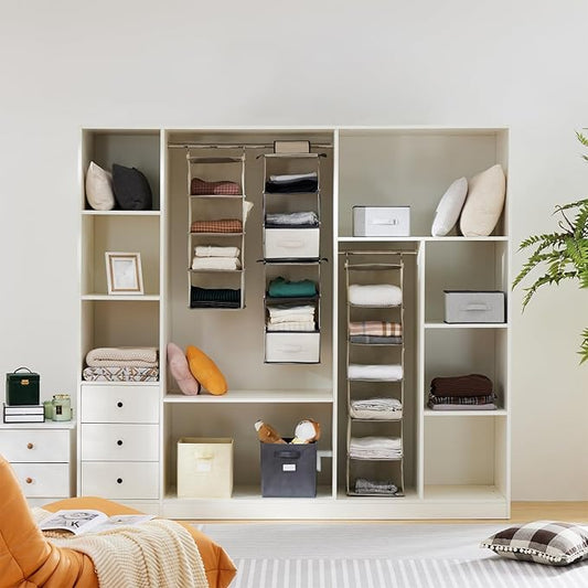 YOUDENOVA Hanging Closet Organizer, 5-Shelf Closet Hanging Storage Shelves, Beige