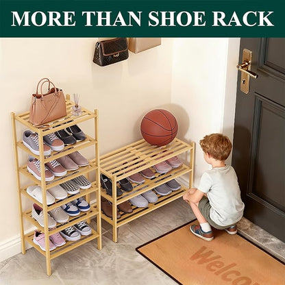 Smiry Small Bamboo Shoe Rack 5-Tier, Stackable Wooden Shoe Organizer for Entryway & Closet, Free Standing Wood Shoe Storage Shelf for Front Door & Small Spaces, Natural