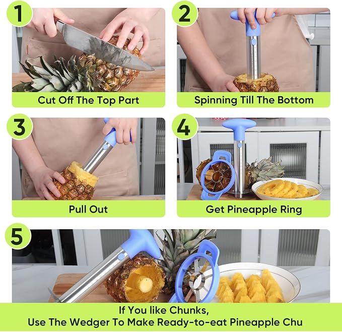 OOKUU Pineapple Corer Cutter, Stainless Steel Fruit Pineapple Peeler Slicer [Upgraded, Reinforced, Thicker Blade], Pineapple Core Remover with Measure Mark, for Diced Pineapple Ring (Blue)