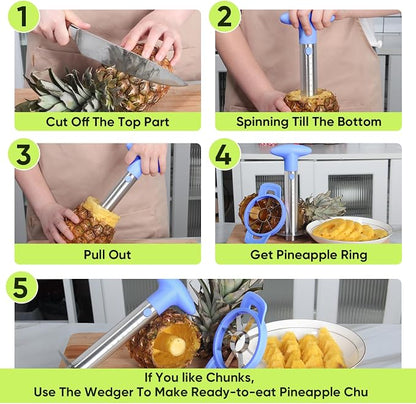 OOKUU Pineapple Corer Cutter, Stainless Steel Fruit Pineapple Peeler Slicer [Upgraded, Reinforced, Thicker Blade], Pineapple Core Remover with Measure Mark, for Diced Pineapple Ring (Blue)