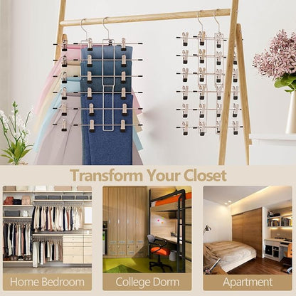 Pants Hangers with Clips,Space Saving Hanging Closet Organizer-6 Tiers Skirt Hangers with 360° Swivel Hook,Closet Organizer-Clothes Hangers- College Dorm Essentials Apartment Essentials- 4 Pack