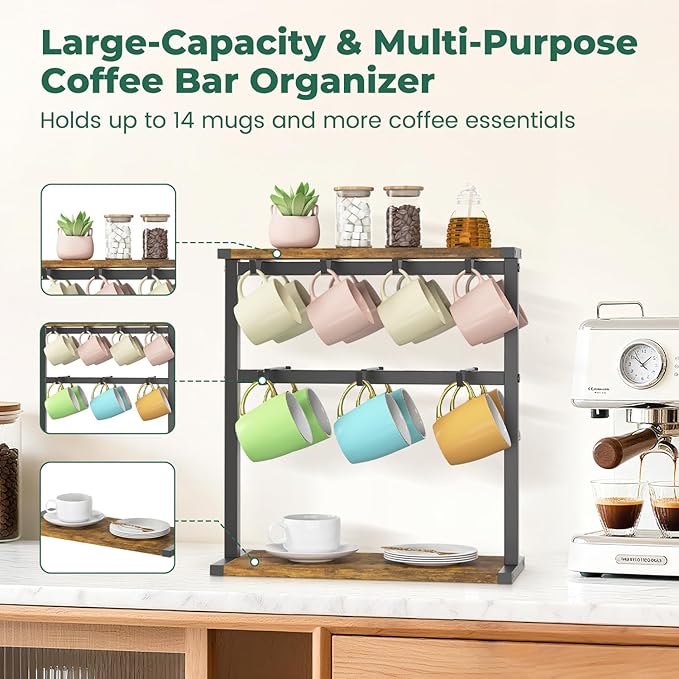 EsLuker.ly Coffee Mug Holder Cup Tree Rack for Countertop, 2 Tier Rustic Wood Coffee Bar Station Organizer Narrow Display Stand for Kitchen Office, Hold 14 Mugs with Sturdy Base, Free Up Counter Space