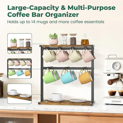 EsLuker.ly Coffee Mug Holder Cup Tree Rack for Countertop, 2 Tier Rustic Wood Coffee Bar Station Organizer Narrow Display Stand for Kitchen Office, Hold 14 Mugs with Sturdy Base, Free Up Counter Space