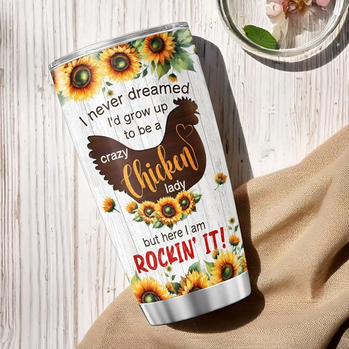 Crazy Chicken Lady Gift for Women, Funny Sunflower Chicken Cup 20oz Stainless Steel Insulated Tumbler, Rustic Farm Style Travel Mug for Chicken Lovers, Backyard Farmers, Mom or Wife