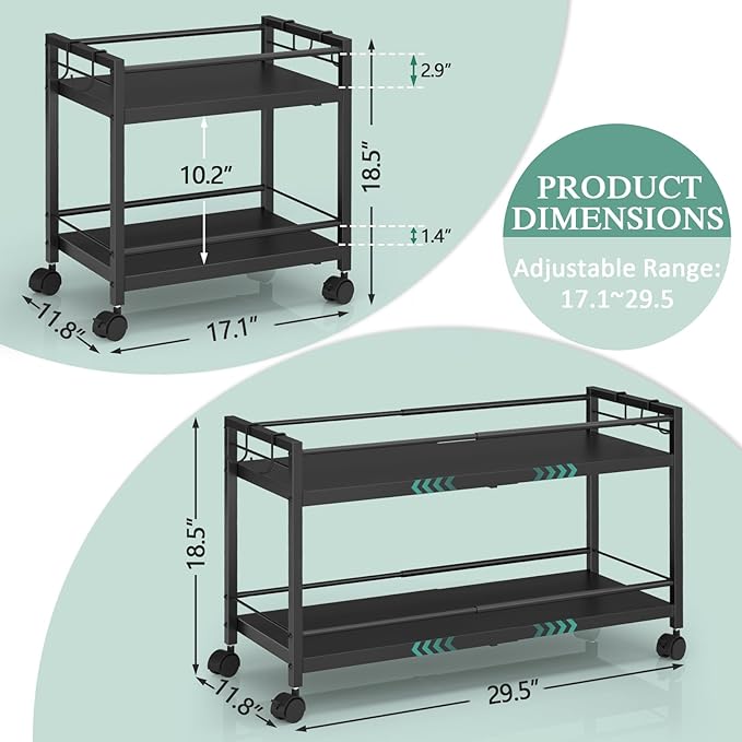 2 Pack 2-Tier Expandable Rolling Pantry Cart with Wheels, Adjustable Floor Organizer for Kitchen Pantry, Can Organizer for Pantry, Storage Cart for Snack, Food, Vegetables, Black, Patent Pending