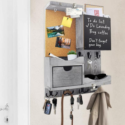 Key Holder Wall Mount， Mail Organizer Key Holder for Wall with Shelf, Drawer, Chalkboard, Corkboard, Home Decor Wall Mounted for Room Entryway(Grey)