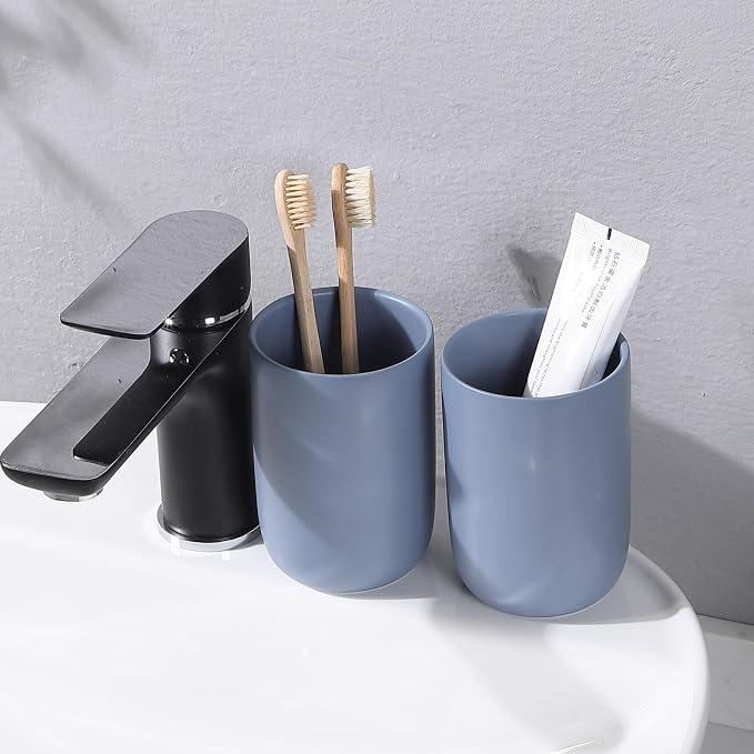 Toothbrush Holders for Bathrooms - 2 Cups Ceramic Toothbrush Toothpaste Holders Set, Blue Bathroom Tumbler Cups Reusable Toothbrush Mouthwash Cup, Bathroom Counter Organizer.