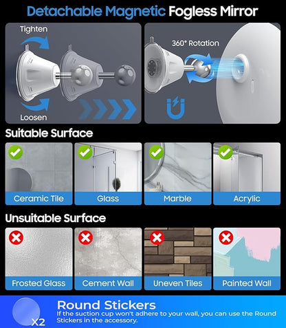 Gospire 3X Magnifying Heated Shower Mirror Fogless for Shaving, 5000mAh Battery, 360° Swivel & Magnetic Design, 8.3” Anti-Fog Shower Shaving Mirror with 3 Color Lights, Includes 2PCS Adhesive Hooks