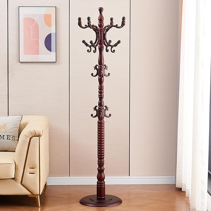 Wood Coat Rack Freestanding, Wooden Entryway Tree Coat Rack Stand Coat Hanger Stand, High-grade Hat Tree with 14 Hooks & Stable Disc Base