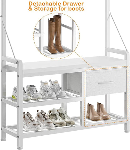 Lulive Hall Tree, 31.5” Entryway Bench with Coat Rack freestanding, 5 in 1 Intelligent Design Shoe Bench and Wall Rack 17 Hooks and Drawers (White)