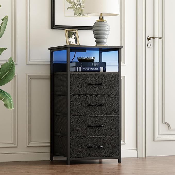 Fixwal Night Stand with Charging Station, Tall Nightstand with U-S-B Ports and Outlets, 4 Fabric Storage Drawers with PU Finish, Small Dresser Bed Side Table, Black