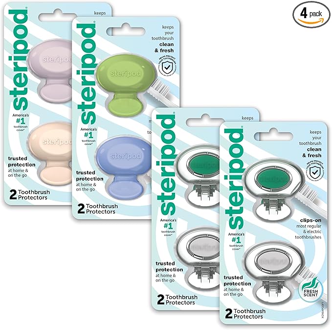 Steripod Clip-On Toothbrush Protector Exclusive Multi Color, 2 Count (Pack of 4)