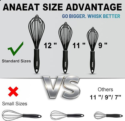 Anaeat Silicone Balloon Whisk, Perfect for Non-Stick Cookware, Milk and Egg Beater Blender, Heat Resistant Kitchen Whisks for Whisking, Cooking, Baking, Beating, Frothing & Stirring (Black)
