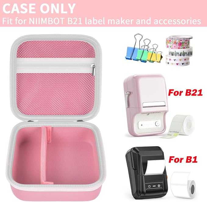 ALKOO Case Compatible with NIIMBOT B21 / Pro / B1 Label Maker Wireless Thermal Label Printer, Holder for Inkless Label Maker & Labeling Tapes Refills, with Mesh Pocket for Cable Accessories (Pink)