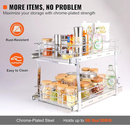 VEVOR Pull Out Cabinet Organizer, 14" Wx21.2 Dx15.2 H Heavy 2 Tier Duty Slide Out Pantry Shelves, Chrome-Plated Steel Roll Out Drawer for Under Sink, 15.5" Wx22.5 Dx19 H Install Size for Cabinet