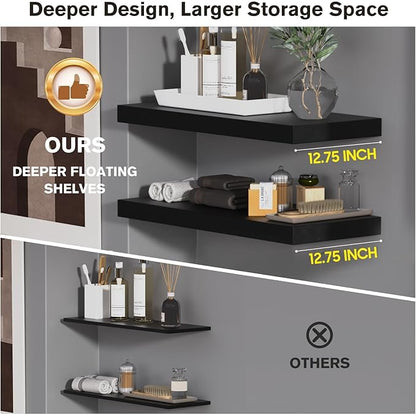 JPND Floating Shelf, Set of 3 Wall Shelf, 36 in W x 12.75 in D x 2 in H Wooden Floating Wall Shelf with Invisible Brackets for Living Room/Bedroom/Bathroom/Kitchen Storage and Decor, Black