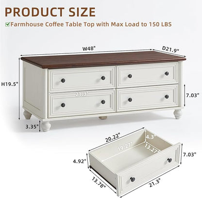 48" Farmhouse Coffee Table with Hidden Storage,Wooden Coffee Tables with 4 Drawers & Roman Column Handle,Rectangular Rustic Center Table with Solid Wood Curved Base for Living Room,Office,White