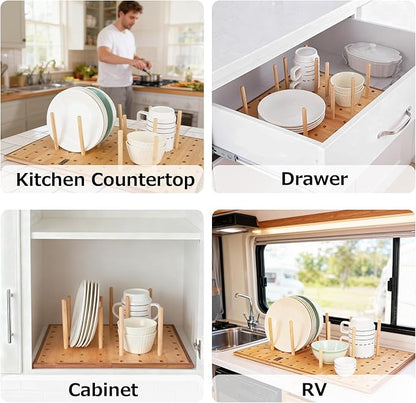 Foldable Pegboard Organizer for Kitchen – Bamboo Base & Acacia Wood Edge Dish Rack for Kitchen Countertop, Cabinet, and Drawer, 16 Removable Pegs, 15.7" x 15.7"