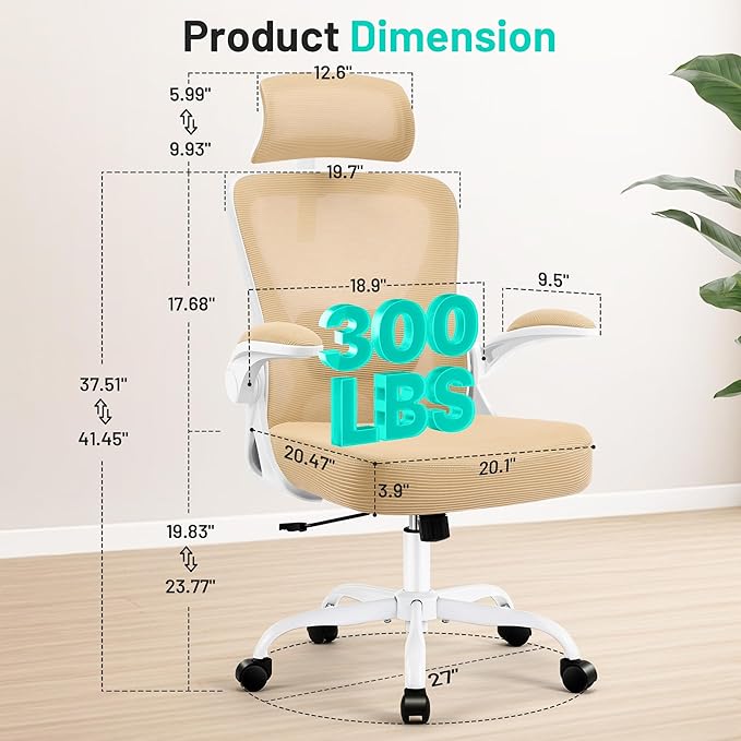 Office Chair - Ergonomic Desk Chair Breathable Mesh Chair with 2D Headrest & Adjustable Lumbar Support - Executive High Back Rolling Swivel Computer Gaming Chair with Wheels Flip-up Armrests