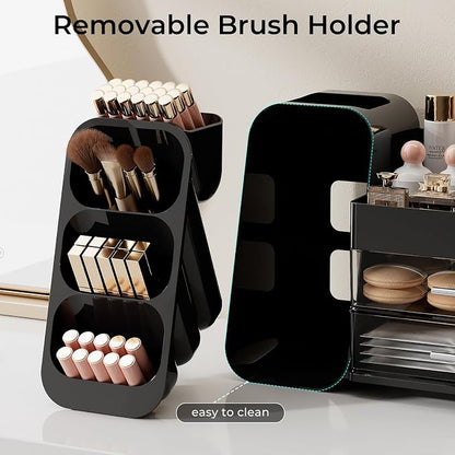 UFORU Makeup Organizer for Vanity with Brush Holder, Large Capacity Bathroom Countertop Skincare Organizer with 2 Drawers, Cosmetic Display Case for Perfumes, Eyeshadow Palettes, Nail Polishes