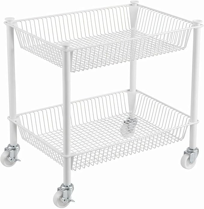 2 Tier Small Utility Cart on Wheels Short Rolling Pantry Cart Thick Metal Wire Basket Stand, Fruit Vegetables Storage Rack for Kitchen, Under Desk Storage for Small Space Bathroom Laundry, White