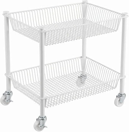 2 Tier Small Utility Cart on Wheels Short Rolling Pantry Cart Thick Metal Wire Basket Stand, Fruit Vegetables Storage Rack for Kitchen, Under Desk Storage for Small Space Bathroom Laundry, White