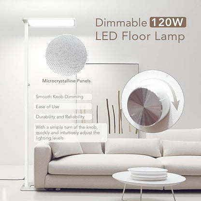 120W LED Floor Lamp, 76.8" Tall Reading Light, 10000LM Knob Dimming Standing Lamp, Full Spectrum Eye Care Reading Lamp, 4000K Natural Daylight for Study Room, Office, Living Room, Bedroom (White)