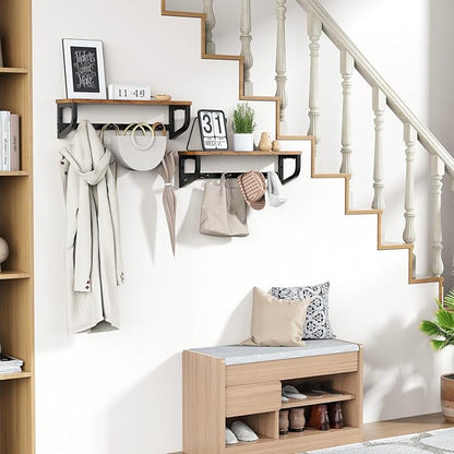 Coat Rack Wall Mount, Wood Wall Shelf with Hooks, Coat Hanger Wall Mount with 4 Metal Hooks, Wall Mounted Coat Rack Organizer for Entryway, Bedroom, Living Room, Room Decor, Brown 2 Pack