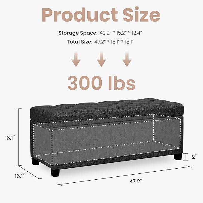 47.2" Ottoman with Storage, Storage Ottoman Bench with Safety Hinge,Tufted End of Bed Bench, Upholstered Entryway Bench for Bedroom, Living Room & Window (Blacklinen-Upgraded Version)