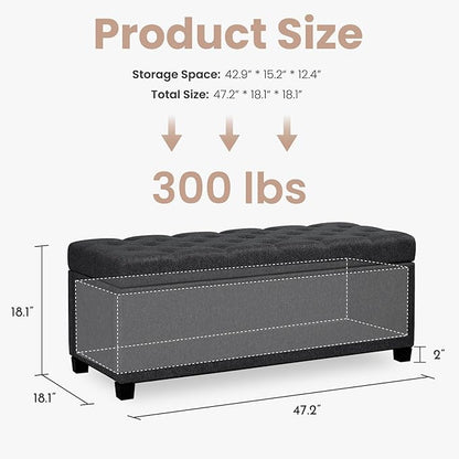 47.2" Ottoman with Storage, Storage Ottoman Bench with Safety Hinge,Tufted End of Bed Bench, Upholstered Entryway Bench for Bedroom, Living Room & Window (Blacklinen-Upgraded Version)