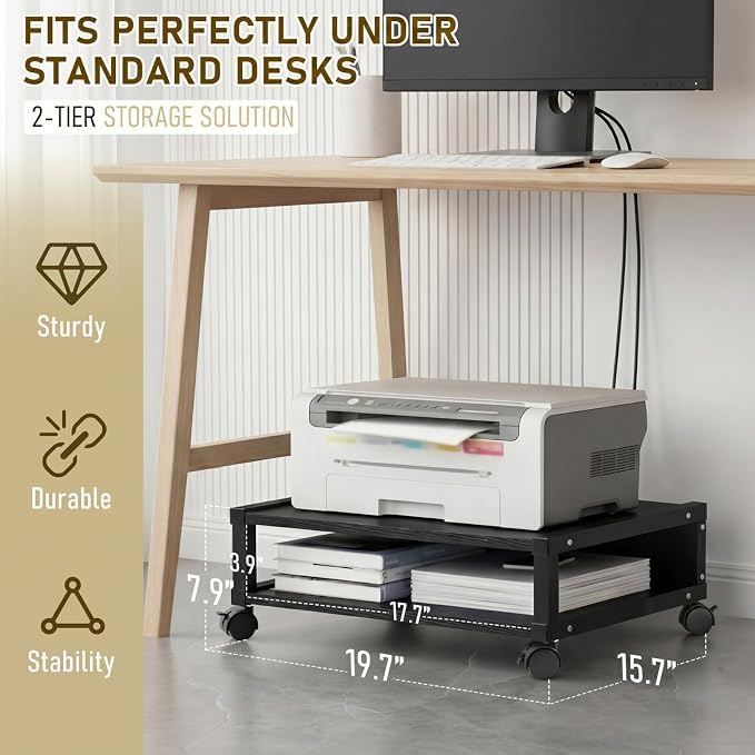 Zonon 2 Tier Printer Stand Under Desk with Lockable Wheels 19.7x15.7x7.9 Inch Rolling Printer Table Cart Under Desk Short Movable Storage Shelf for Home Office Organization(Open Shelf Style,Black)
