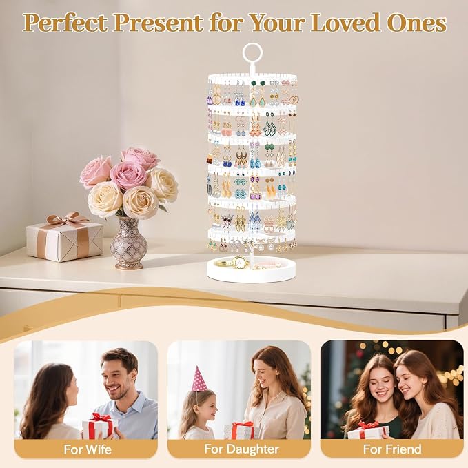 MODOWEY 6 Tier Rotating Earring Holder Organizer Display Tree with Wooden Tray, Adjustable Plastic Stand with 342 Slots for Stud Hoop Hanger, Large Capacity Storage Rack for Women Space Saving, White