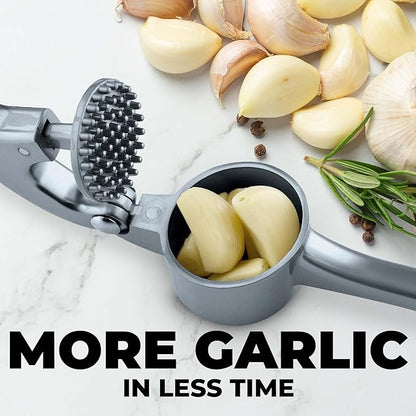 Zulay Kitchen Large Premium Garlic Press Set - Bigger Bowl for Bigger Garlic - Rust Proof Garlic Mincer Tool - Easy-Squeeze, Easy-Clean Silicone Garlic Peeler & Brush (Slate)