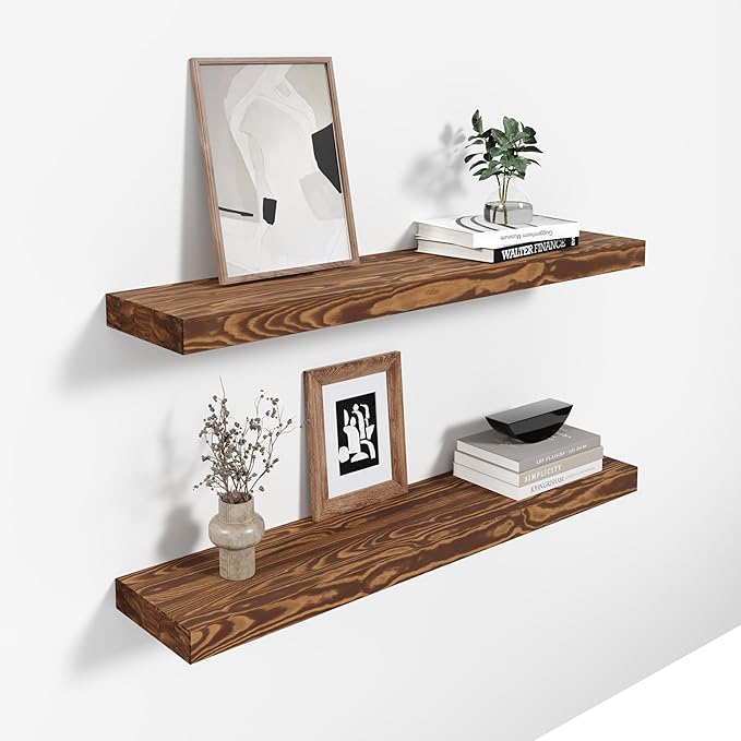 Howizz 24'' Pine Wood Floating Shelves for Wall- Set of 2 - Rustic Wall Mounted Wooden Shelf for Stylish Home Décor (Light Walnut, 24x6.5x1.25), 2pcs