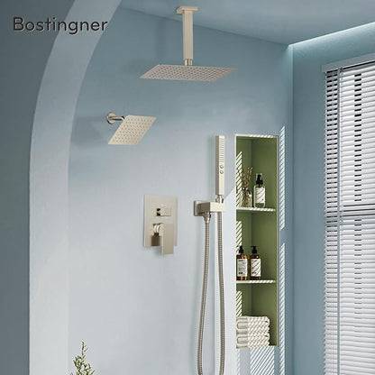 Shower Faucet Set Brushed Nickel Shower System,Bostingner Five Function Diverter Shower Faucet with 2 in 1 Handheld,10'' Ceiling Mount and 6’‘ Wall Mount Shower Head Rainfall Shower Set with Valve