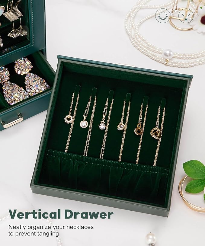 Homde Jewelry Organizer Girls Women Jewelry Box for Necklaces Rings Earrings Gift Bracelets Storage Case (Forest Green + Gold)