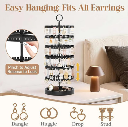 iDavosic.ly 6 Tier Rotating Earring Holder Organizer with Wooden Tray, Large Dangle Display Stands Tree with 342 Plastic Grooves, Adjustable Hoop Storage Rack, Space Saving Tower, Black